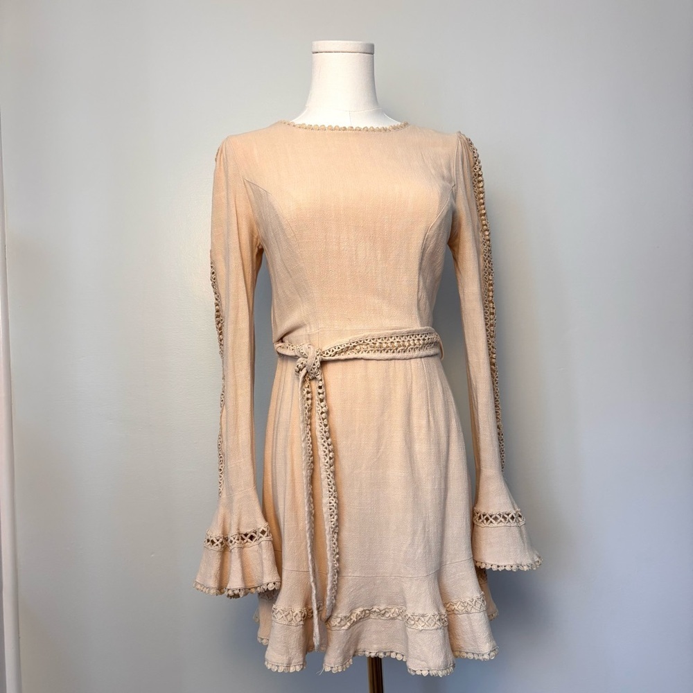 Saints and Secrets Flare Linen Embroidered Flare Cuff Waist Tie Dress Beige Sz S - Picture 3 of 15